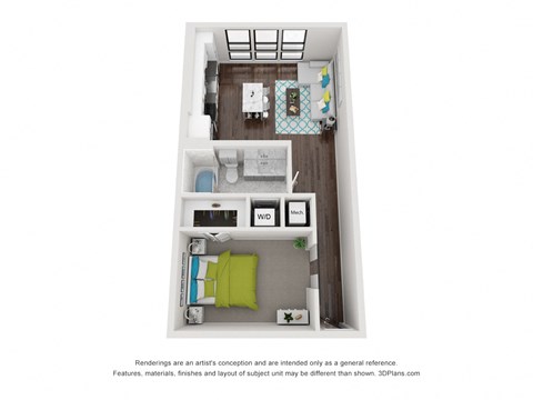Floor plan for 1 bed, 1 bath, 665 sqft